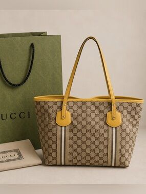 GUCCI GG CANVAS BEIGE & YELLOW TOTE BAG